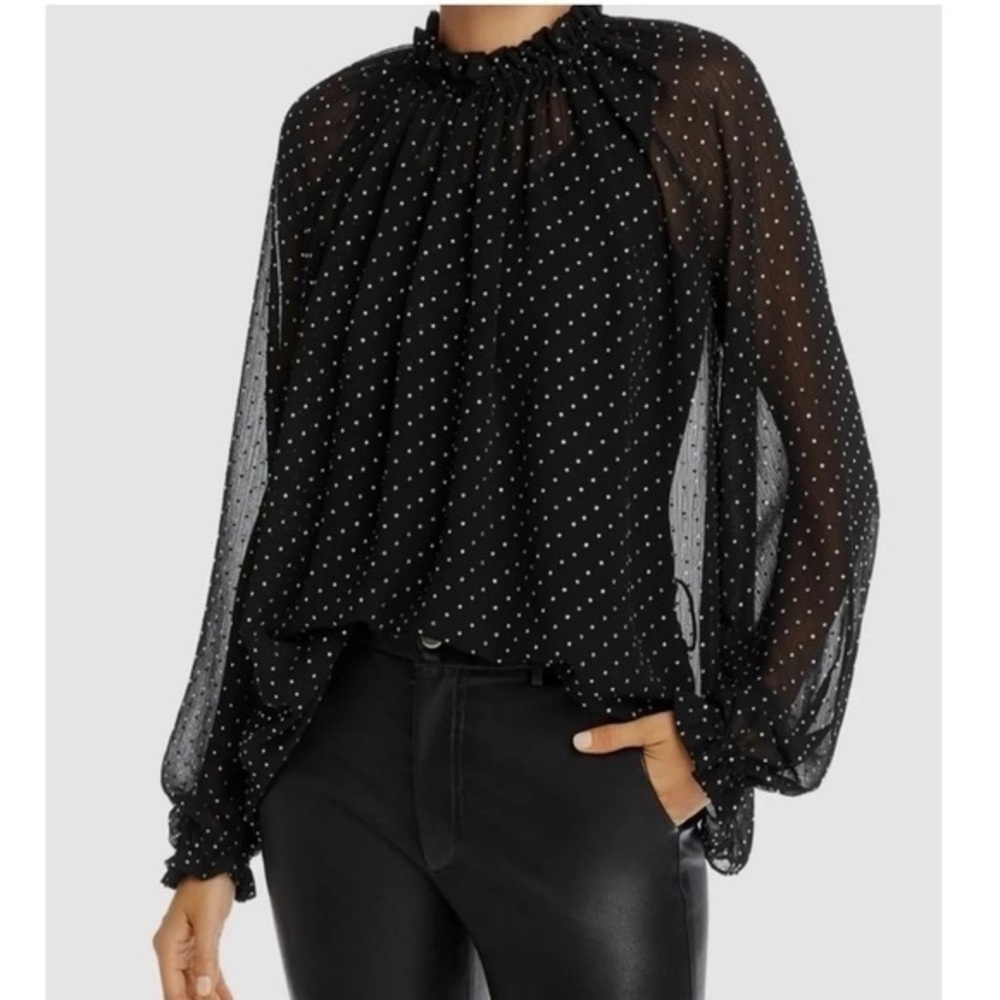 Ronny Kobo Jett Rhinestone Chiffon Ruffle Detail Blouse Black XS/S